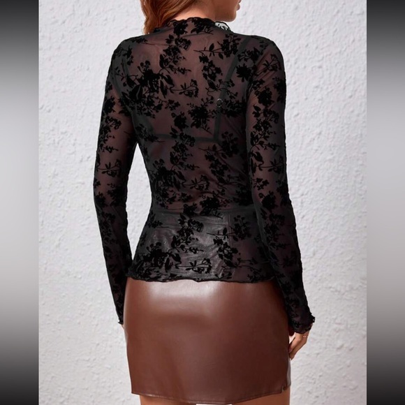 Black Floral Pattern Mesh Long Sleeve Fitted Sheer Shirt Stretchy - Picture 2 of 6